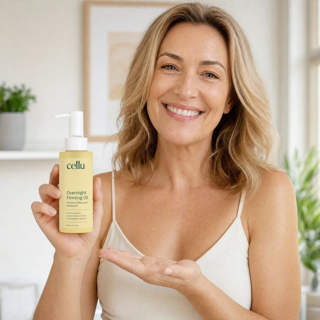 Mujer feliz sosteniendo y recomendando el Aceite Reafirmante de Noche
