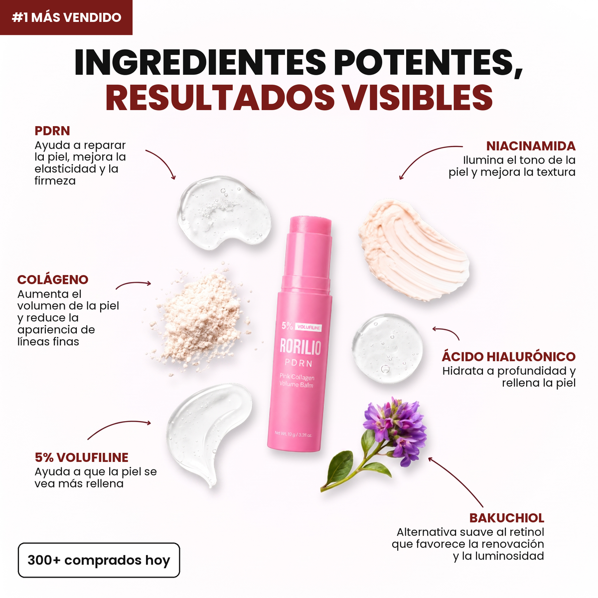 Ingredientes potentes: PDRN, colágeno, Volufiline, niacinamida, ácido hialurónico y bakuchiol