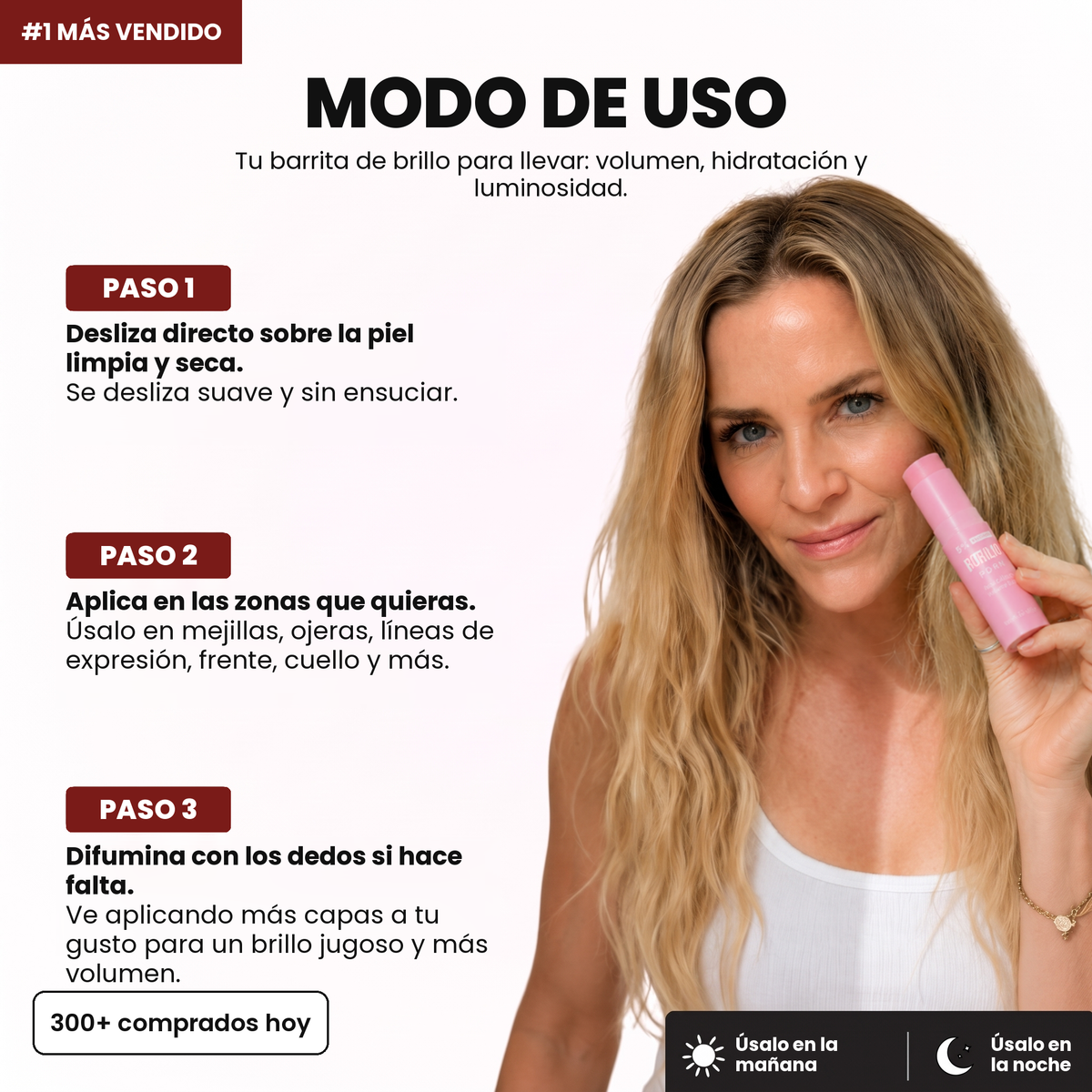 Modo de uso del bálsamo en 3 pasos, de día y de noche