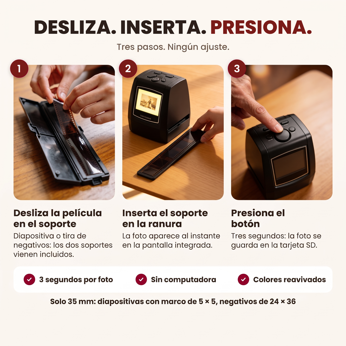 Desliza, inserta, presiona: tres pasos