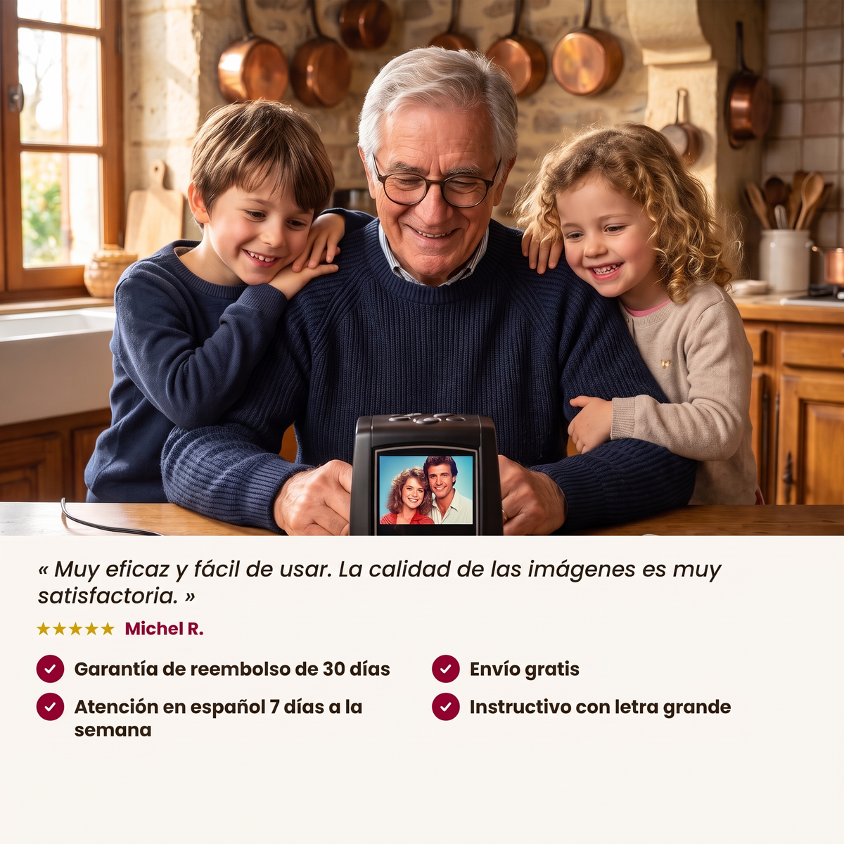 Abuelo y nietos con el escáner