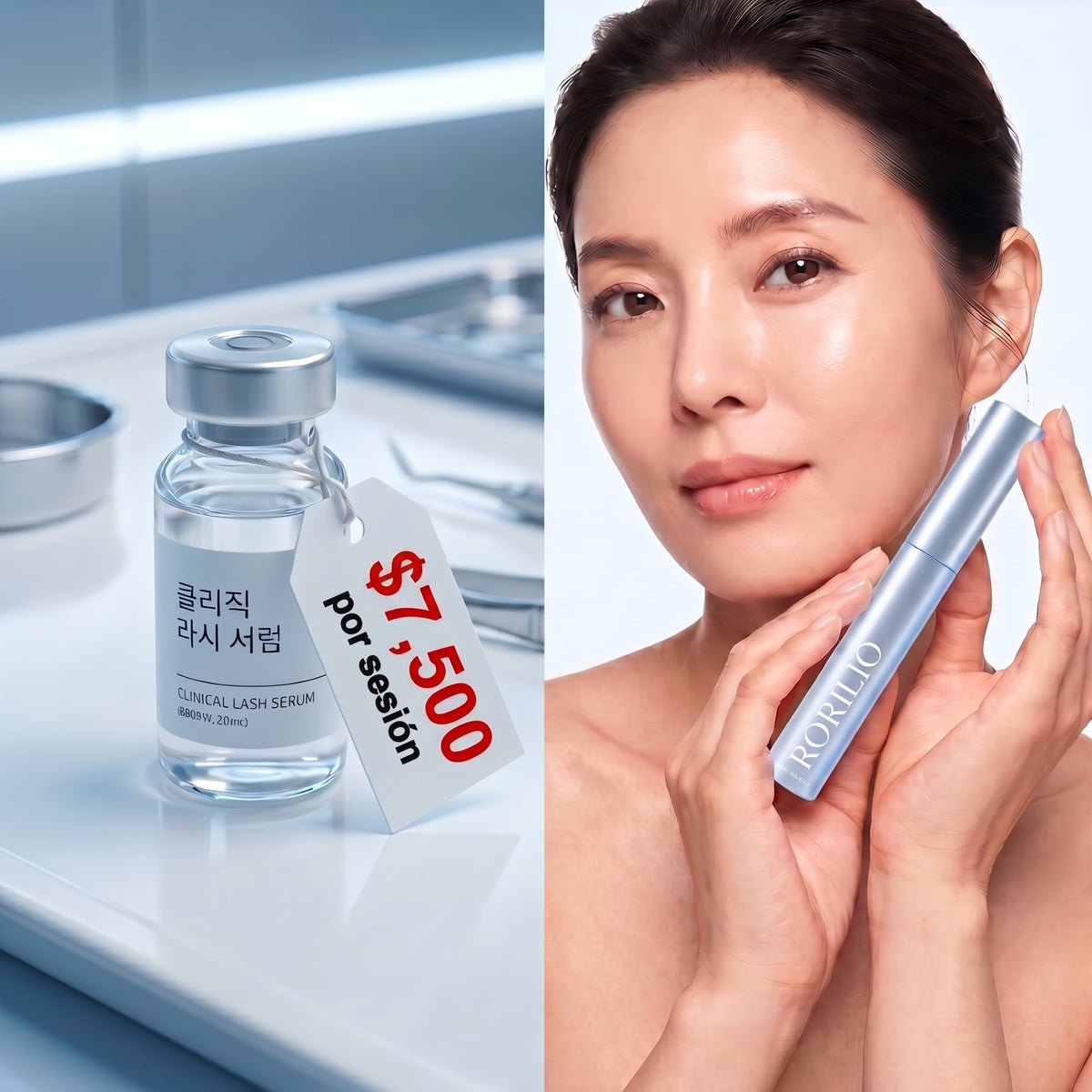 Sérum de clínica coreana por sesión y mujer con el rímel Rorilio